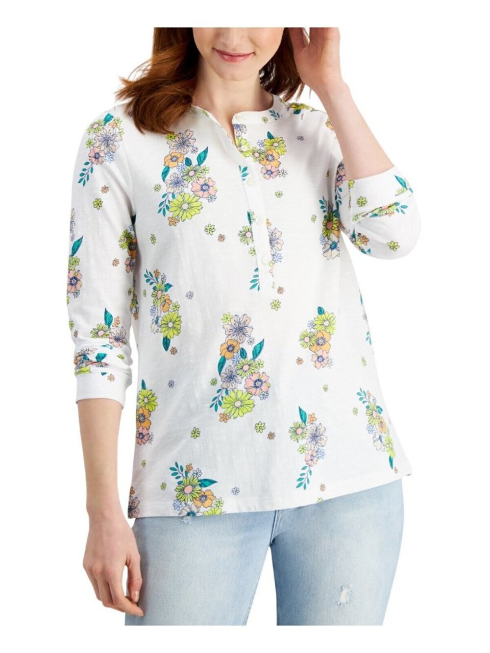 NWT Style & Co. Cotton Printed Henley Top 100142569MS Retro White Multi M